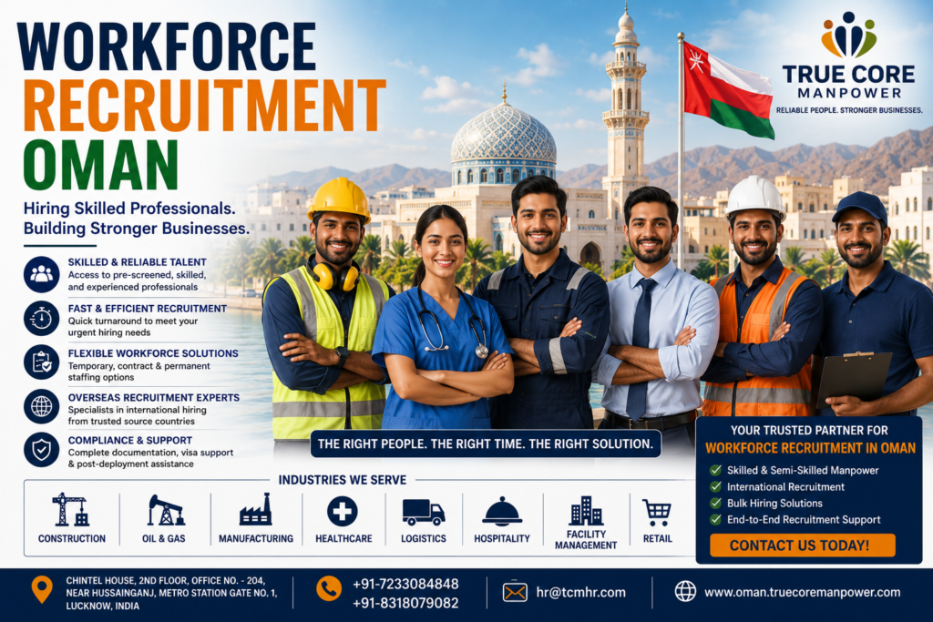 Workforce recruitment Oman providing skilled, semi-skilled, and professional manpower solutions for construction, healthcare, logistics, manufacturing, and hospitality industries.