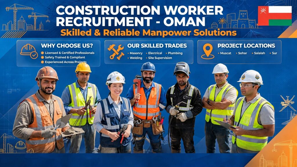 Construction worker recruitment Oman for skilled tradespeople, labourers, and construction project teams.